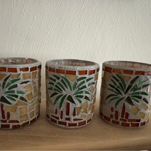 Mosaic Palm Tree Candle Holders - Green and Brown